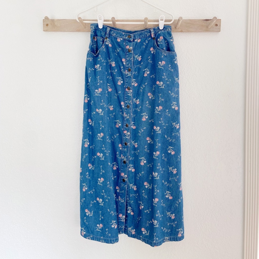 Vintage denim floral prairie skirt 90s